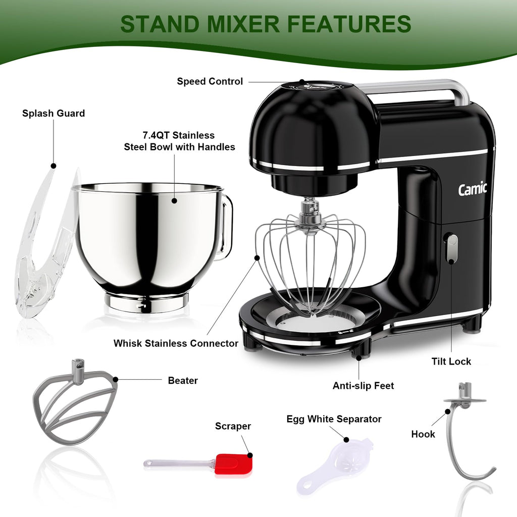 7.45 QT Tilt-Head Stand Mixer, Electric Mixer for Baking (Black)