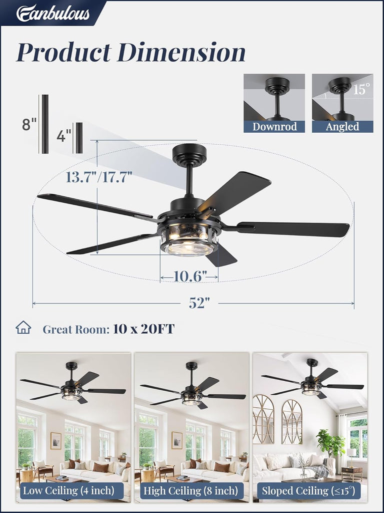 52 Inch Ceiling Fan with Light and Remote,Downrod Mount Farmhouse Ceiling Fan , Quiet 6-Speed Reversible DC Motor