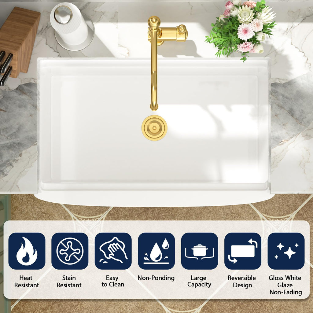 33" White Fireclay Apron Front Farmhouse Sink with Gold Accessories, 33x21x10 All in One Durable Ceramic Workstation