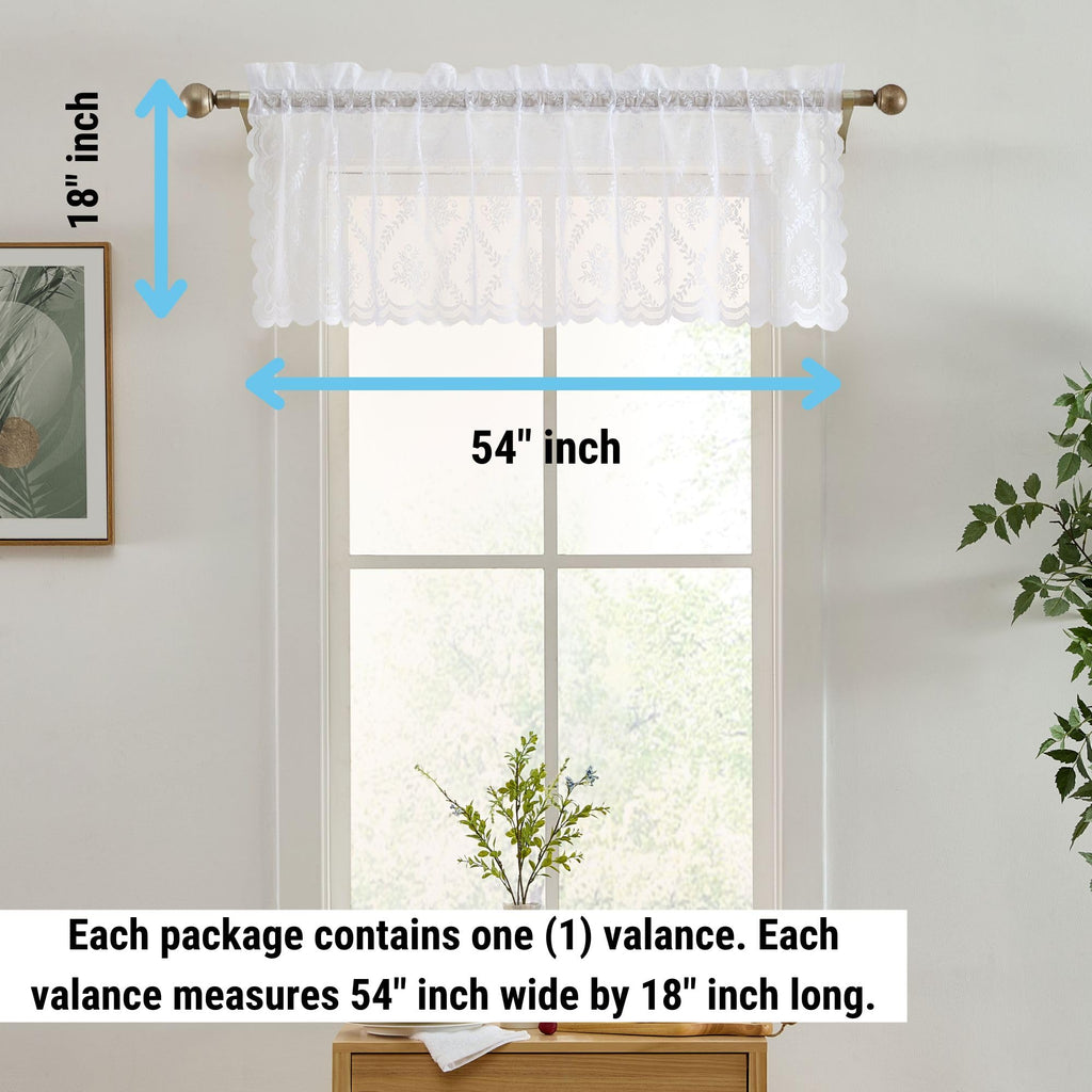 Isabella White Lace Valance Curtains, Sheer Topper, 54x18 inch