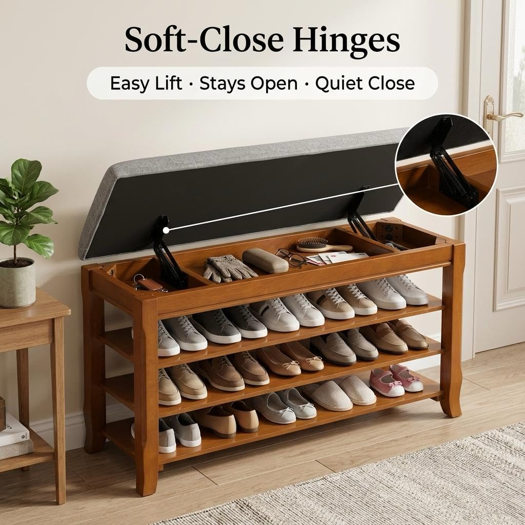SolidWood Entryway Shoe Rack Storage Bench, Flip-Top Soft-Close Lid, 39.4''