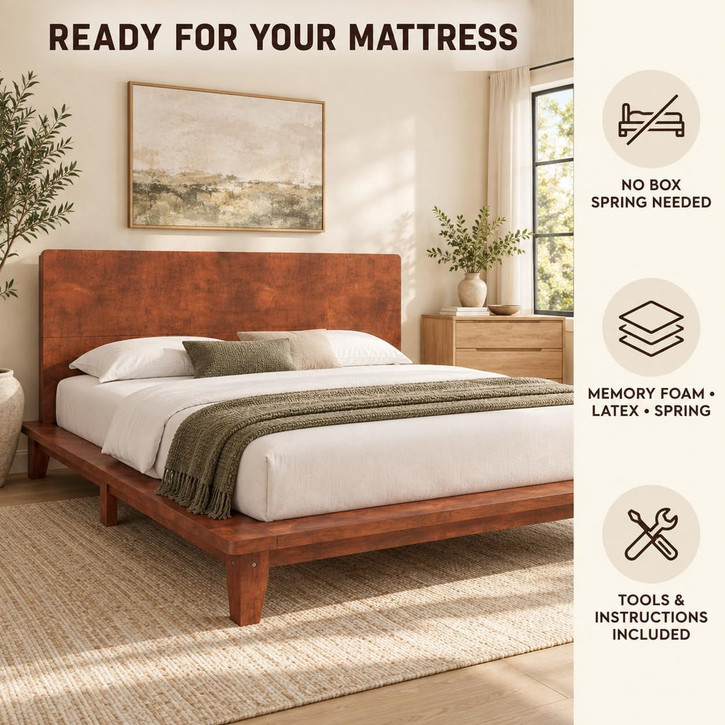 Japanese Wooden Bed Frame with Brown Headboard