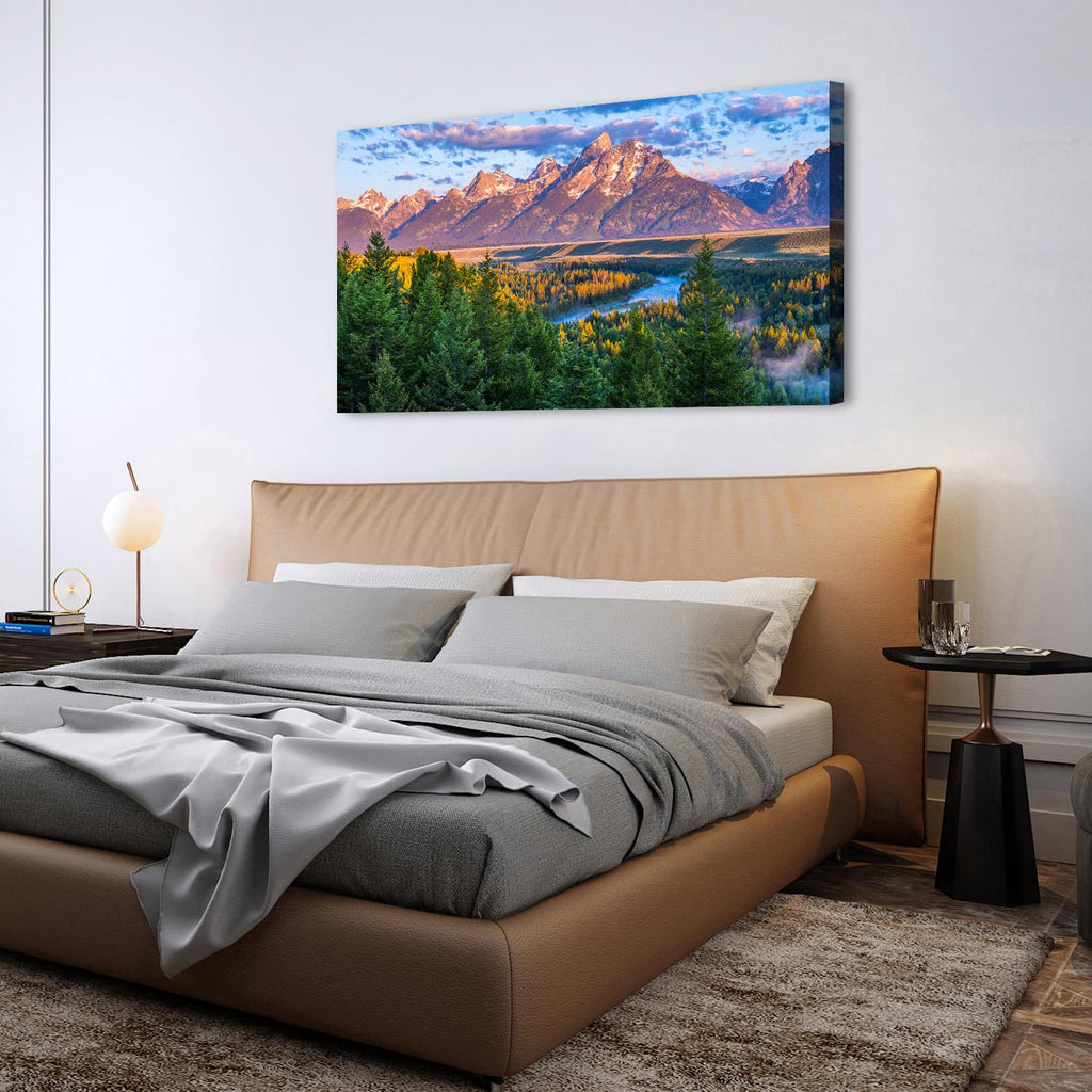 Grand Teton Mountain Wall Art Sunset Nature National Park Posters Oxbow Bend Snake River Landscape Wall Decor Wyoming