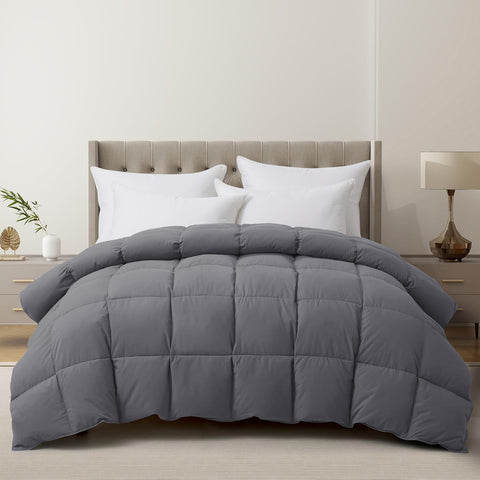 Luxury Goose Feather Down Fiber Comforter Queen, 300TC Grey Cotton Blended Duvet Insert