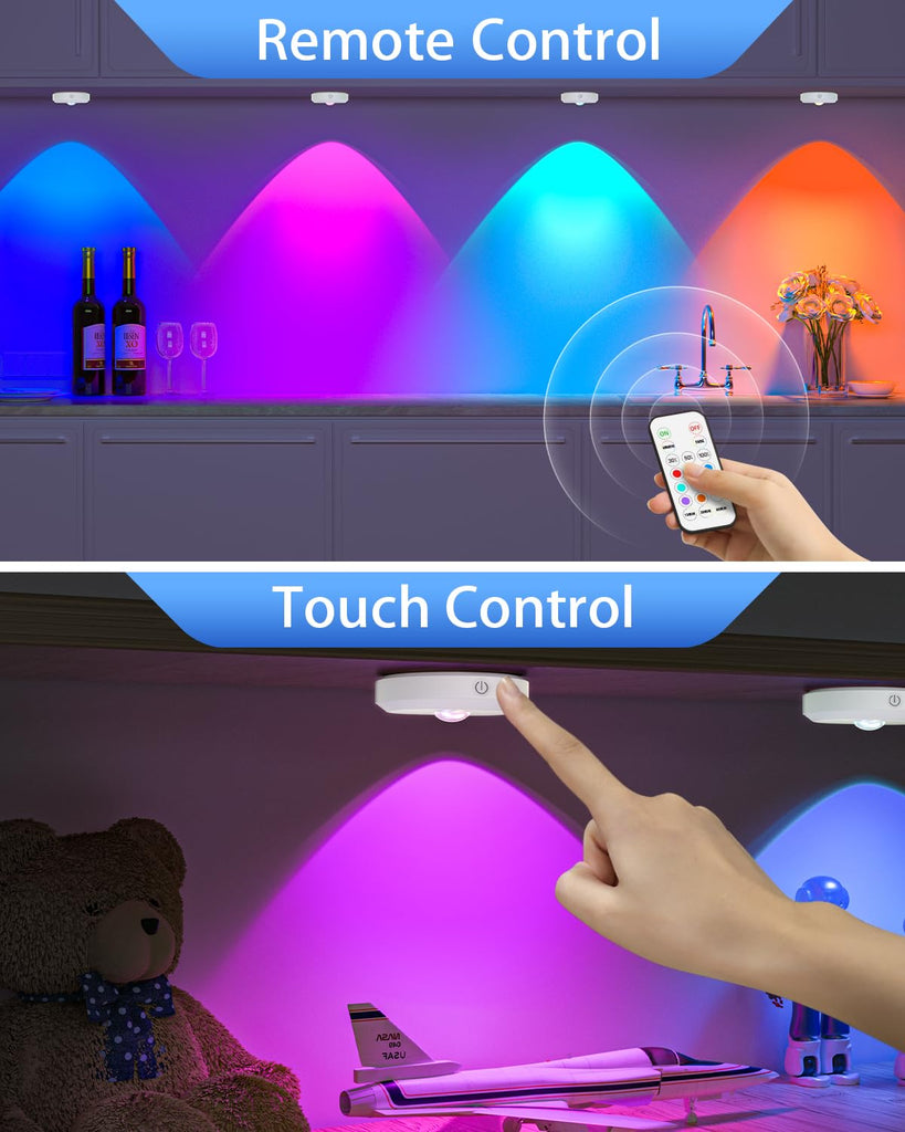 RGB Rechargeable Puck Lights with Remote Control, Under Cabinet Lighting Wireless, Dimmable Push Lights, Multicolor