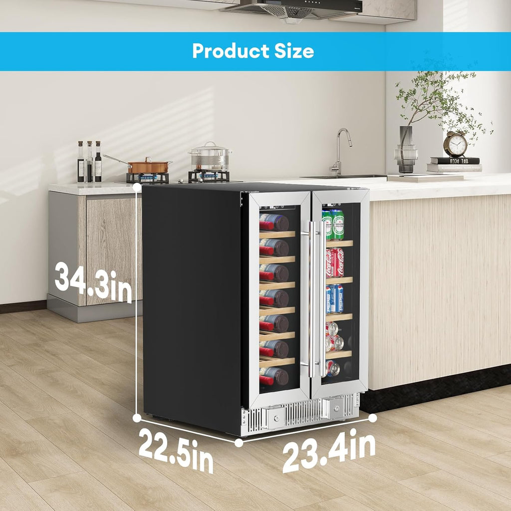 24 Inch Dual Zone Wine and Beverage Refrigerator, Wine Cooler with Glass Door Ho
