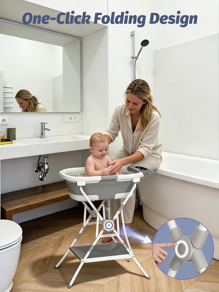 Bathtub with Stand, Foldable Metal Standing Baby Bath Tub, in-1 Anti-Slip Collapsible Tub with Cushion Storage Pad