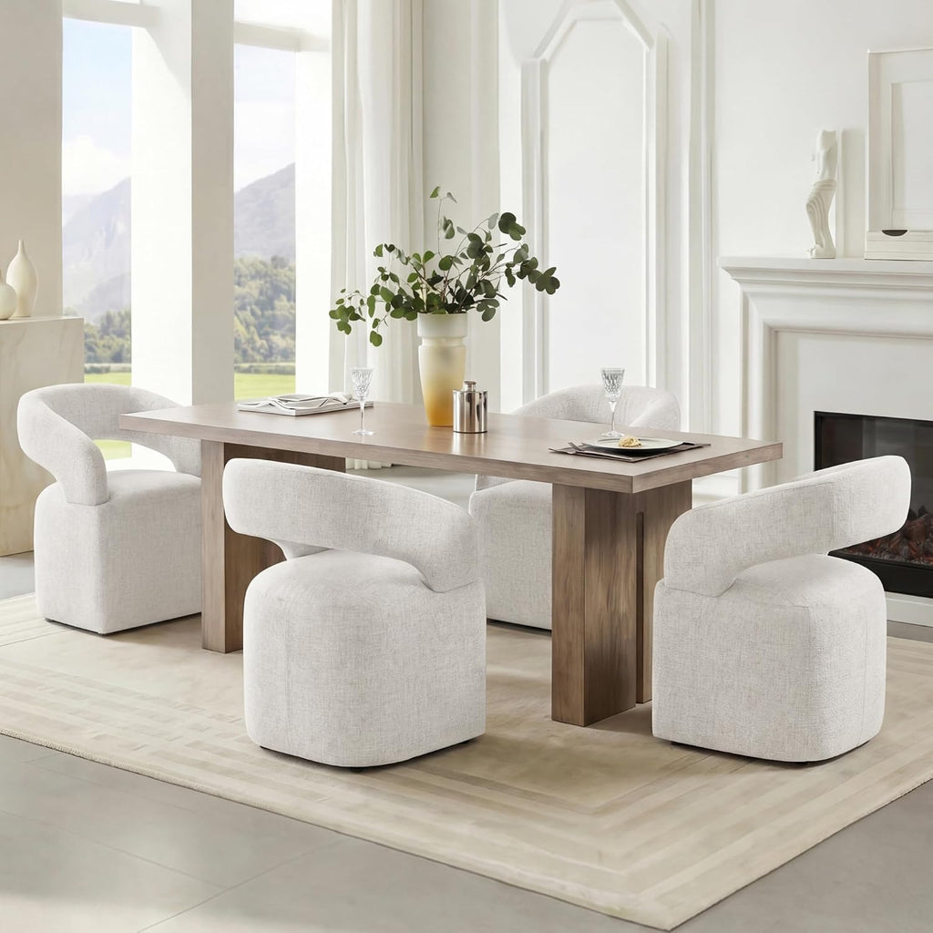 Upholstered Dining Chairs Set of 4, Modern Arm Kitchen & Dining Room Chairs with Hidden Casters, Linen Fabric Padded