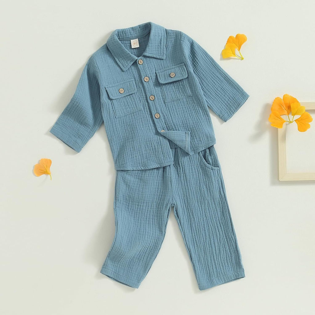 Toddler Boy Linen Outfit Baby Boy Fall Winter Clothes Set Button-Down Shirt Tops Cotton Linen Pants 2PCS