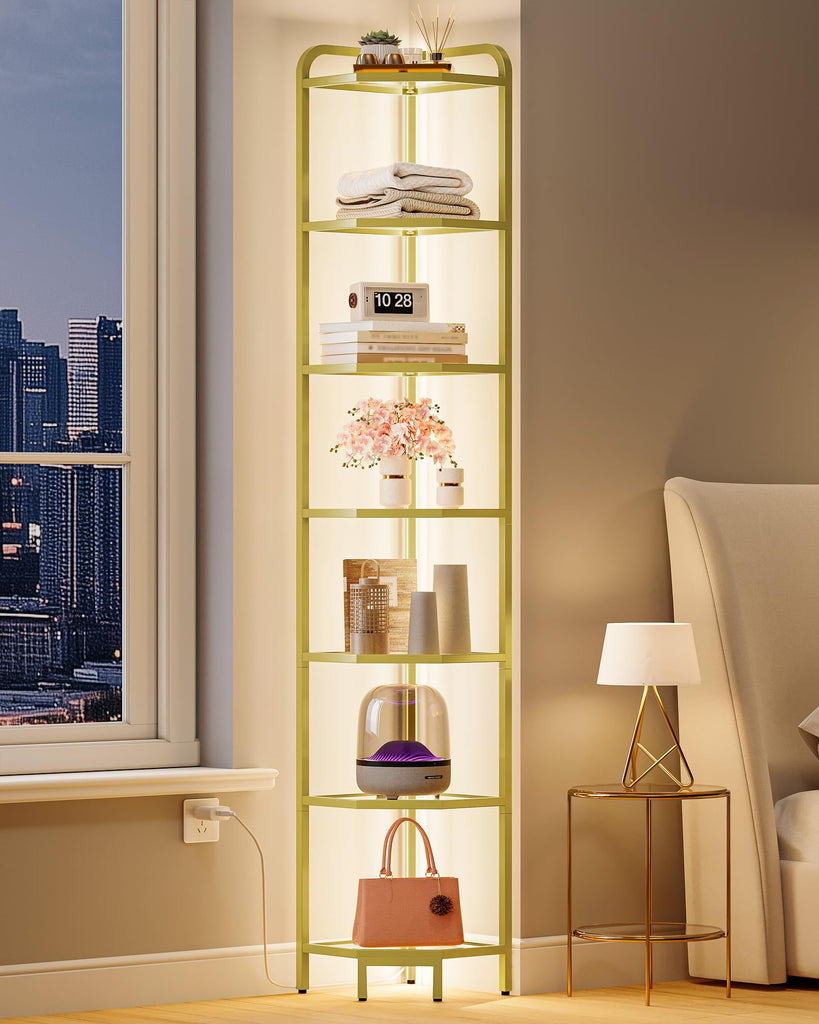 Corner Shelf with LED Lighting, 7-Tier Glass Bookshelf