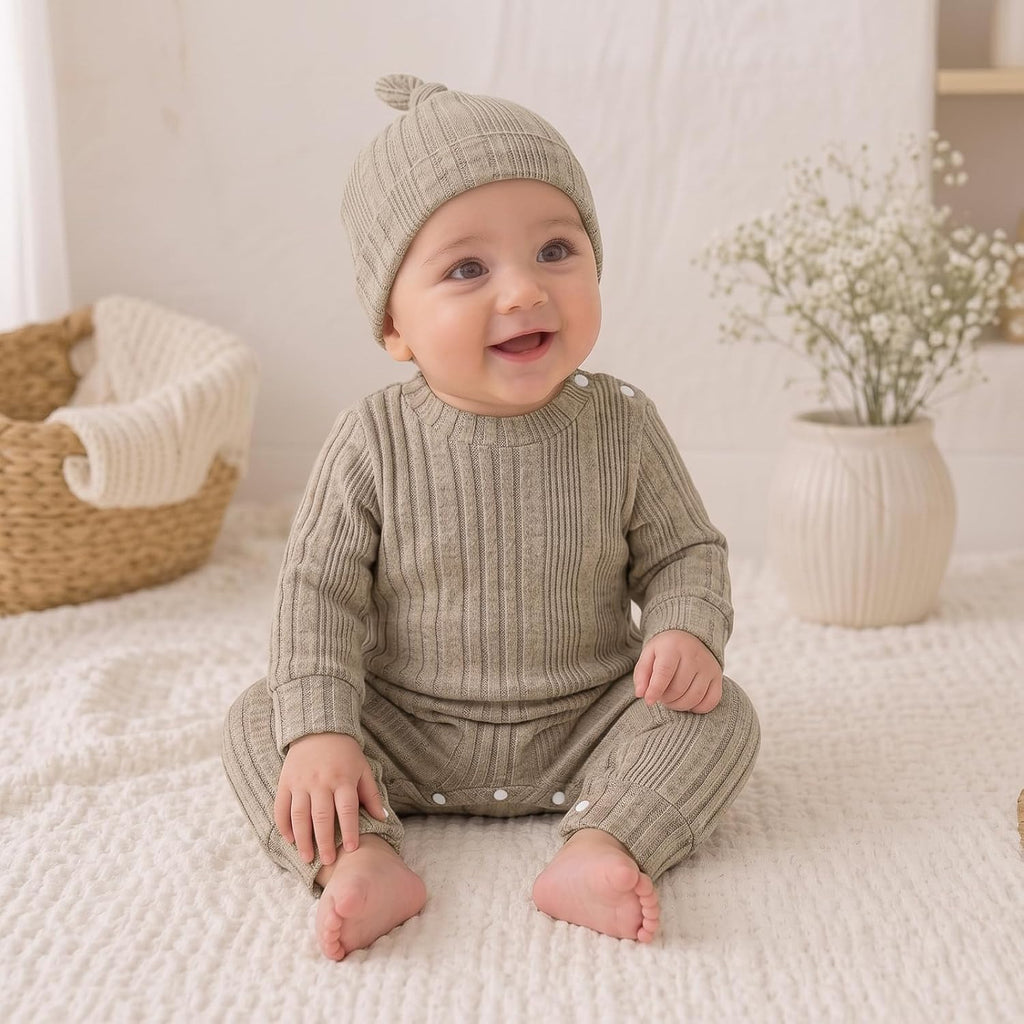 Baby Girl Ribbed Romper Hat Set Long Sleeve Infant Fall Outfit