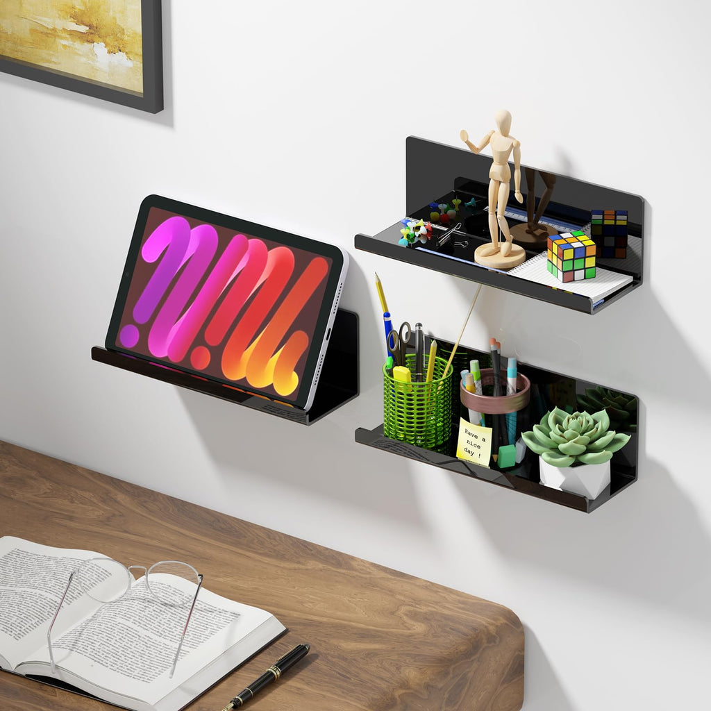 Acrylic Floating Shelves for Wall No Drilling, Self Adhesive Space-Saving Shelves, 12 Inch Floating Shelf Stick on