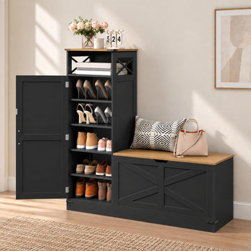 Shoe Cabinet with Bench, L-Shaped Shoe Bench, Storage Bench, Farmhouse Shoe Storage Cabinet with Adjustable Shelves