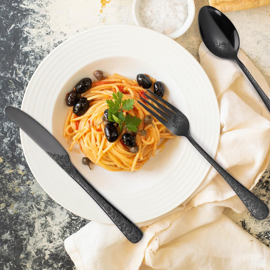 Floral Flatware Set Black for 6 Stainless Steel Silverware 30 Piece Cutlery Unique Eating Utensils Tableware Stylish