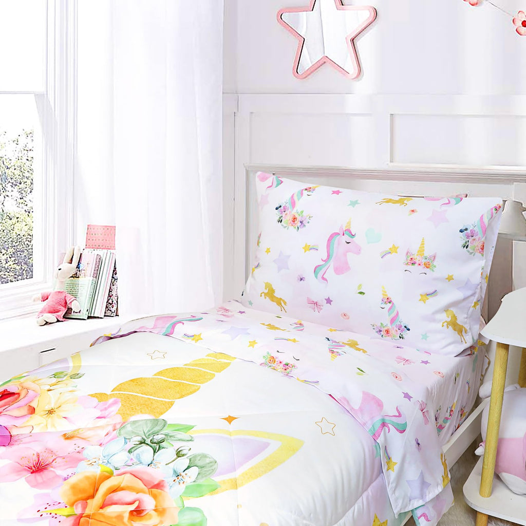 Toddler Bedding Sets for Girls, Unicorn Toddler Crib Bedding Set 4 Piece Pink Floral Toddler Comforter Set Includes