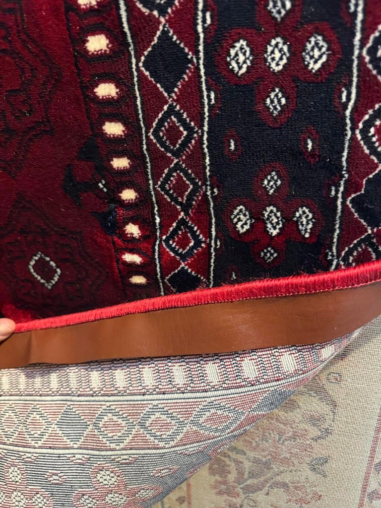 Traditional Torkaman-Inspired Area Rug, Overdyed Vintage Style, Dark Red & Dark Blue Gul Medallion Pattern, 5' x 7'
