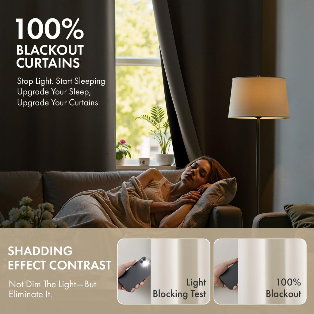 Cream 100% Blackout Curtains for Bedroom 96 Inch Long, 2 Layers Thermal Insulated Black Out Window Curtains with