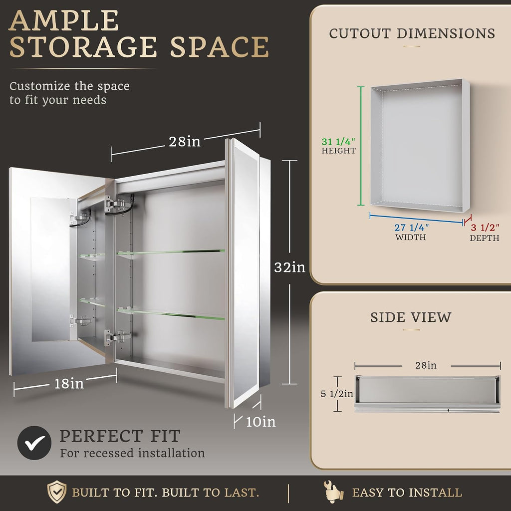 28x32 Lighted Medicine Cabinet, Separate Front & Back Lights | Surface/Recessed LED Medicine Cabinet with Side