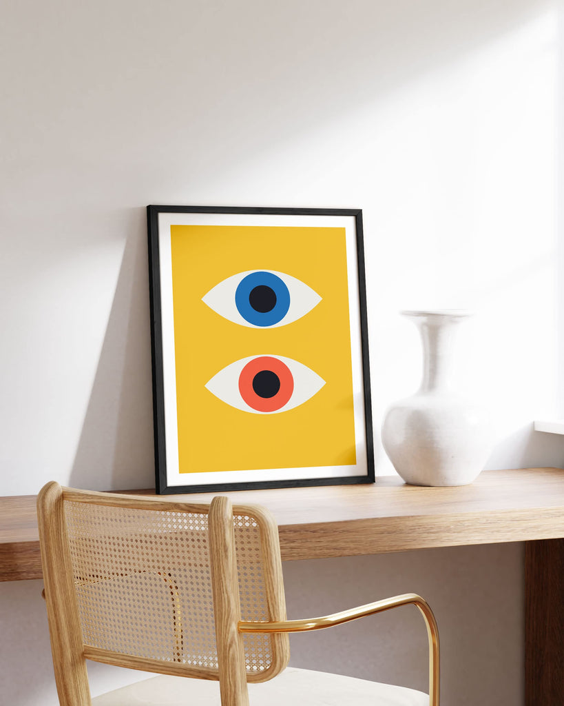 Mid Century Modern Wall Art - Retro Evil Eye Decor, Bauhaus Yellow Wall Art, Large Abstract Art Print (Black Frame