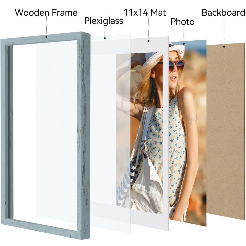 12x16 Picture Frame, Matted for 11x14 Photos, Rustic Blue