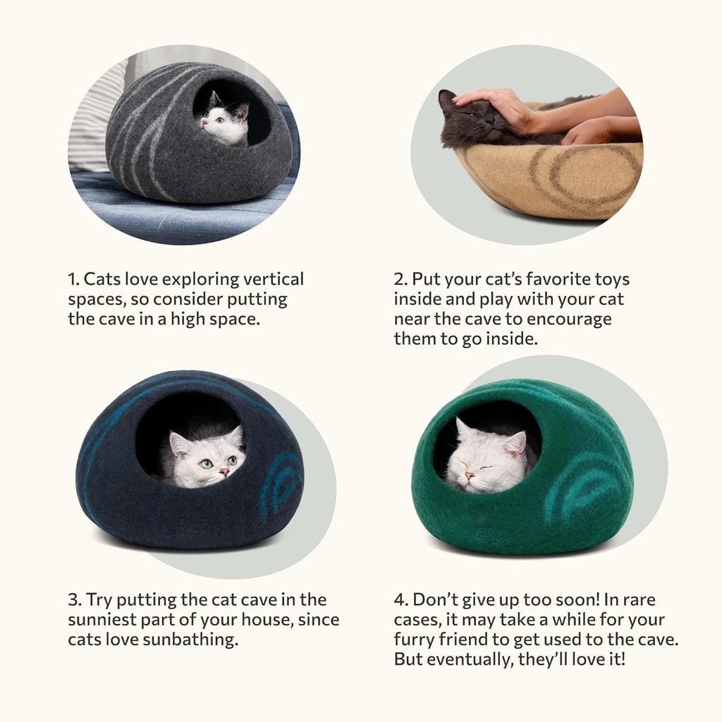 Premium Felt Cat Bed Cave (Light Grey/Medium) and Wool Ball Toys (6-Pack) Bundle