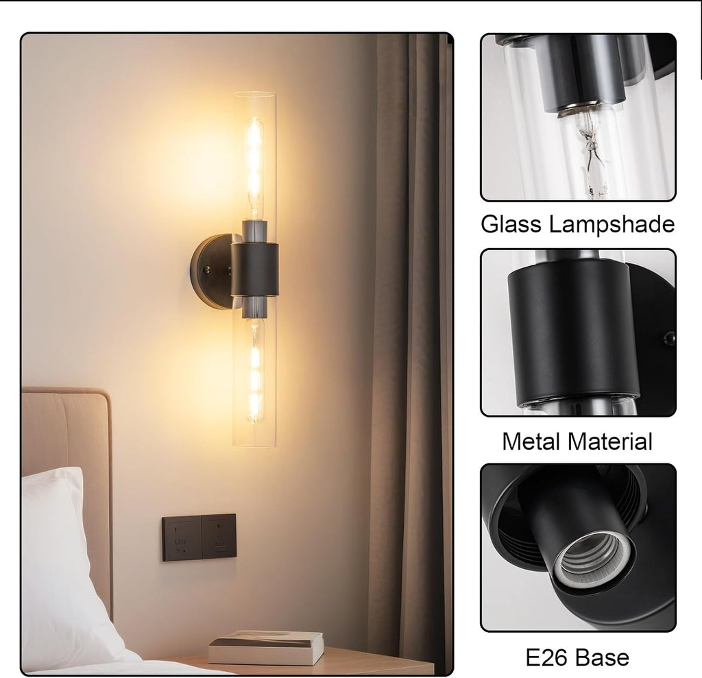 22" Matte Black Wall Lamps,Bathroom Sconces Set of 2 | Industrial Glass Vanity Light, E26 Base,Modern Glass Wall