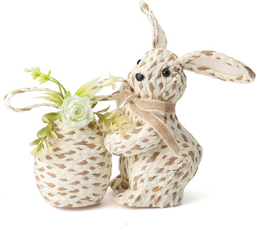 Handwoven Easter Decor, Rattan Bunny with Fixed Floral Egg Ornament, Farmhouse Spring Woven Decor - Set of 2