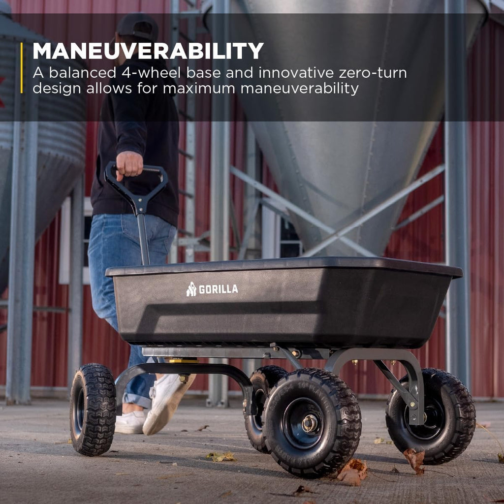 Dump Garden Cart, 4 Cu Ft, 600 lb Capacity, No-Flat Tires | Utility Wagon, Steel Frame, Patented roll-over dump