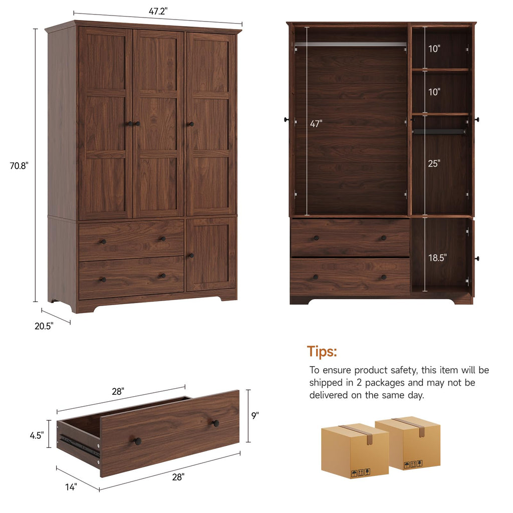3 Doors Wooden Wardrobe Closet, Large Capacity Bedroom Armoires
