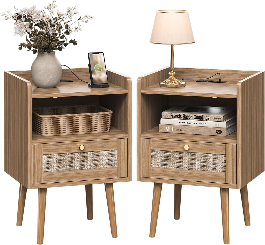 Night Stand Set 2, Nightstands Set of 2 with Charging Station, Rattan Side Tables with Solid Wood Legs, Boho Bedside