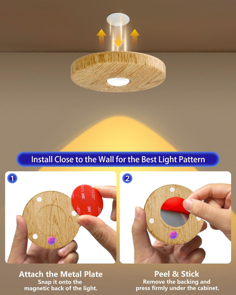 Rechargeable Puck Lights with Remote, Wood-Look Under Shelf Lights, 3 Pack