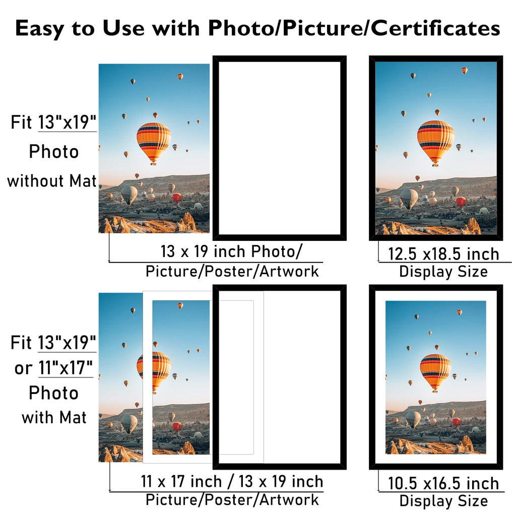 13x19 Picture Frame Set of 2 with 11x17 Mat, Black 13 x 19 Poster Frames with Shatter Resistant Plexiglass, Display