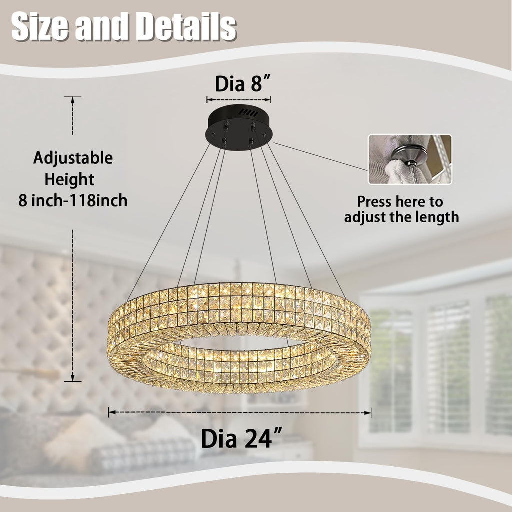 Dia 24" Modern Crystal Chandelier Black Ring Chandelier Adjustable Height Luxury Crystal Pendant Ceiling Light Fixture for Dining Living Room Bedroom A122-B0CJ56NBLM