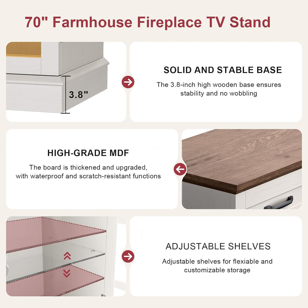 70" TV Stand with 36" Electric Fireplace, Entertainment Center Console Table for TV up to 80'', Fireplace TV Stand
