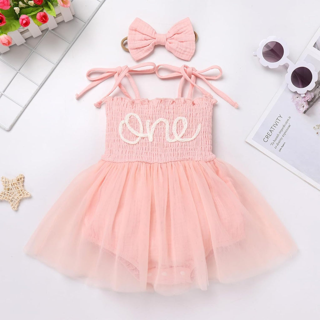 Baby 1st Birthday Girl Outfit Cotton ONE Printed Sleeveless Tutu Jumpsuit Romper Dress Headband 2pcs Summer Clothes