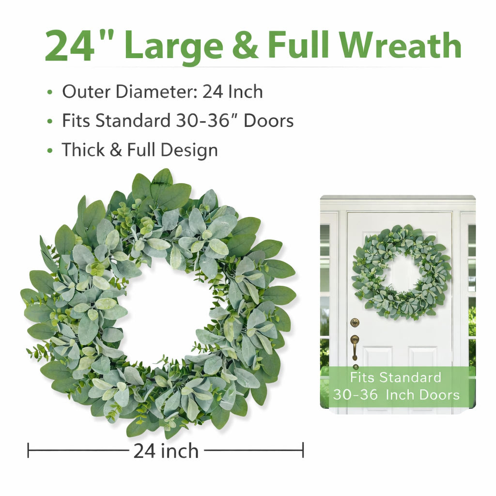 24 Inch Flocked Lambs Ear Wreath for Front Door Outside, All Season Winter Farmhouse Door Wreath, Cozy Rustic Wall &