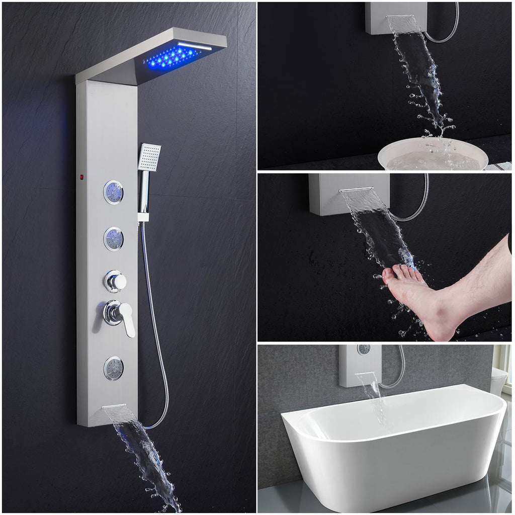 6-in-1 LED Rainfall Waterfall Shower Panel Tower System, Brushed