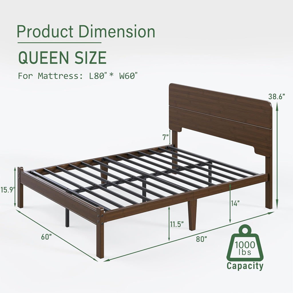 14in High Solid Bamboo Wood Platform Queen Bed Frame with Headboard, Reinforced Heavy Duty Metal Slats, Noise Free