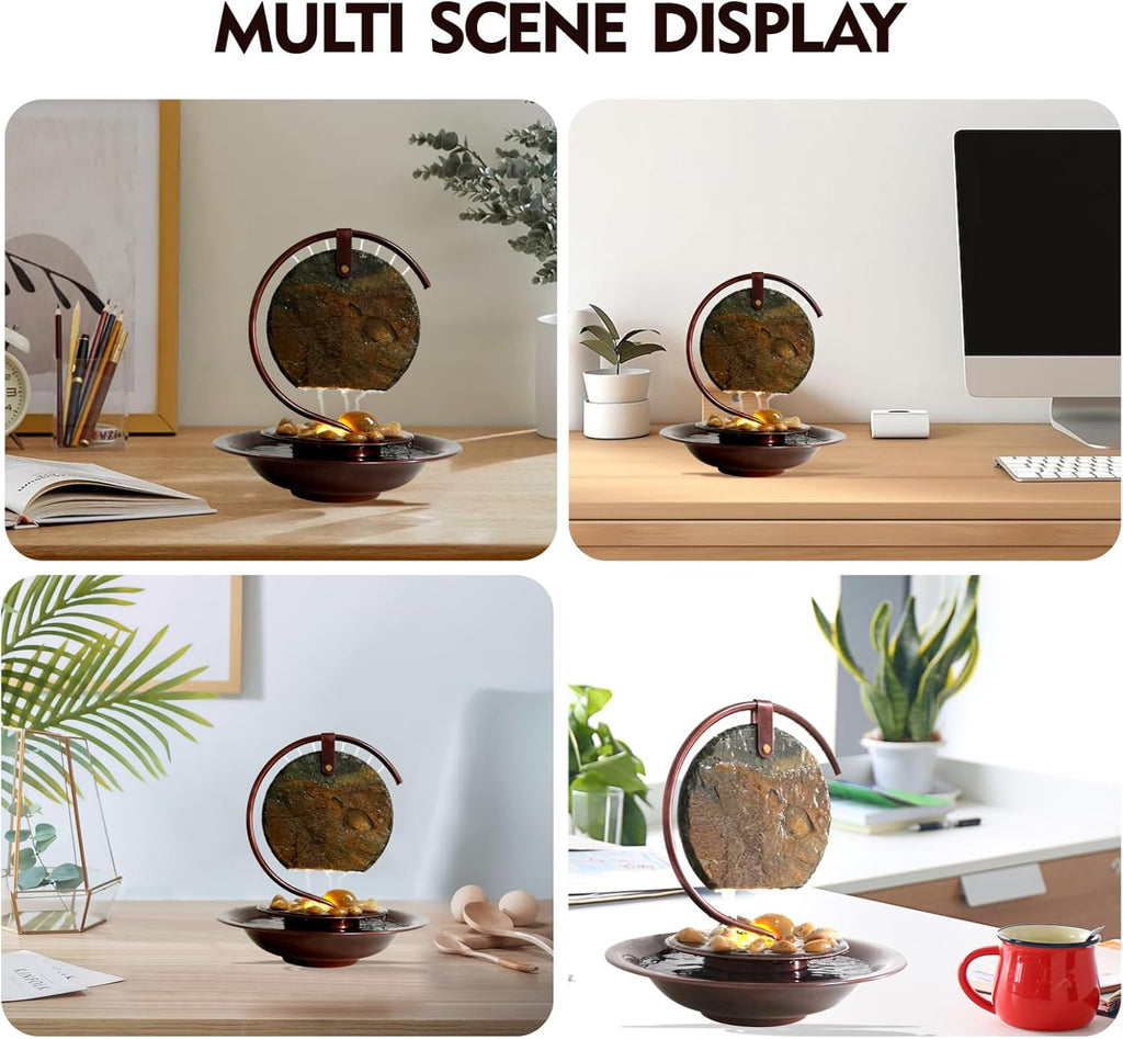 Indoor Tabletop Waterfall Moon Fountain, Home Décor Soothing Rain Sound Meditation Relaxing Fountains, Nature Slate