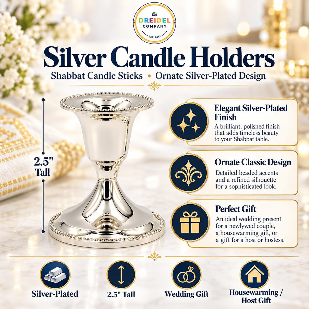 Silver Candle Holders, Shabbat Candle Sticks, Ornate Silver Plated Design, 2.5 Inches (2-Pack)