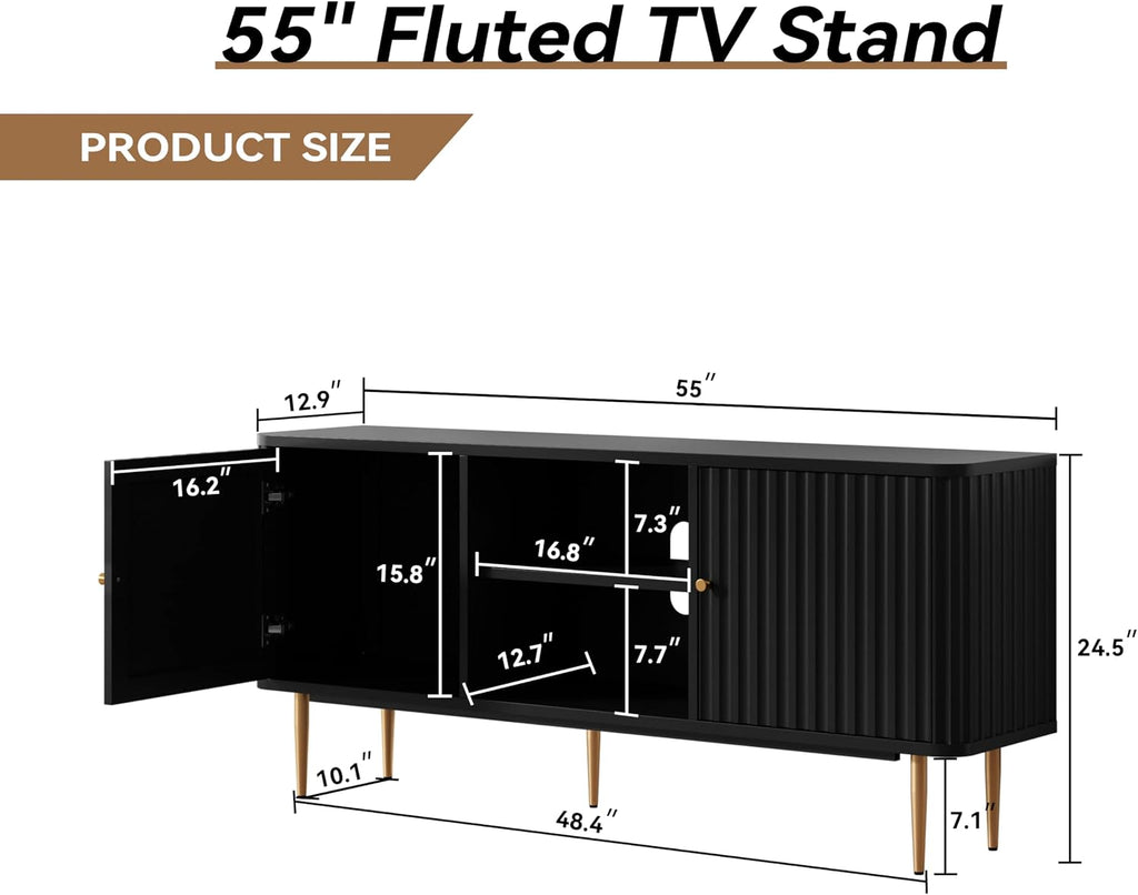 55" Mid Century Modern Fluted TV Stand for TVs up to 65 Inch,Black | Entertainment Center w/ Storage Cabinet & Open