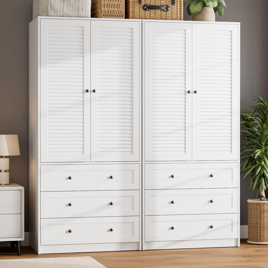 70" Wardrobe Armoire Wooden Closet with 3 Drawers, White