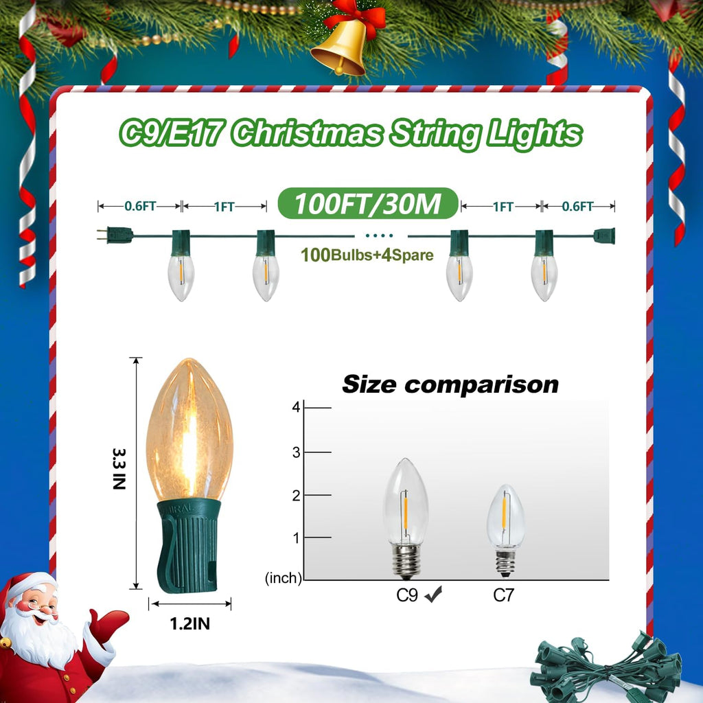 C9 Connectable String Lights, 2700K Warm White 100 FT, 100+4 Bulbs