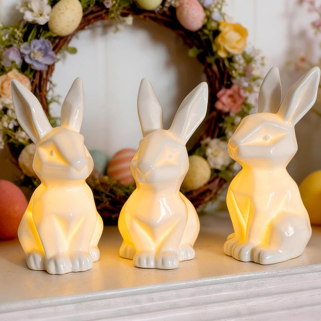 Easter Bunny Decorations, Ceramic White Rabbit Statues Ornaments, Lighted Bunny Table Centerpiece for Easter - Set of 3