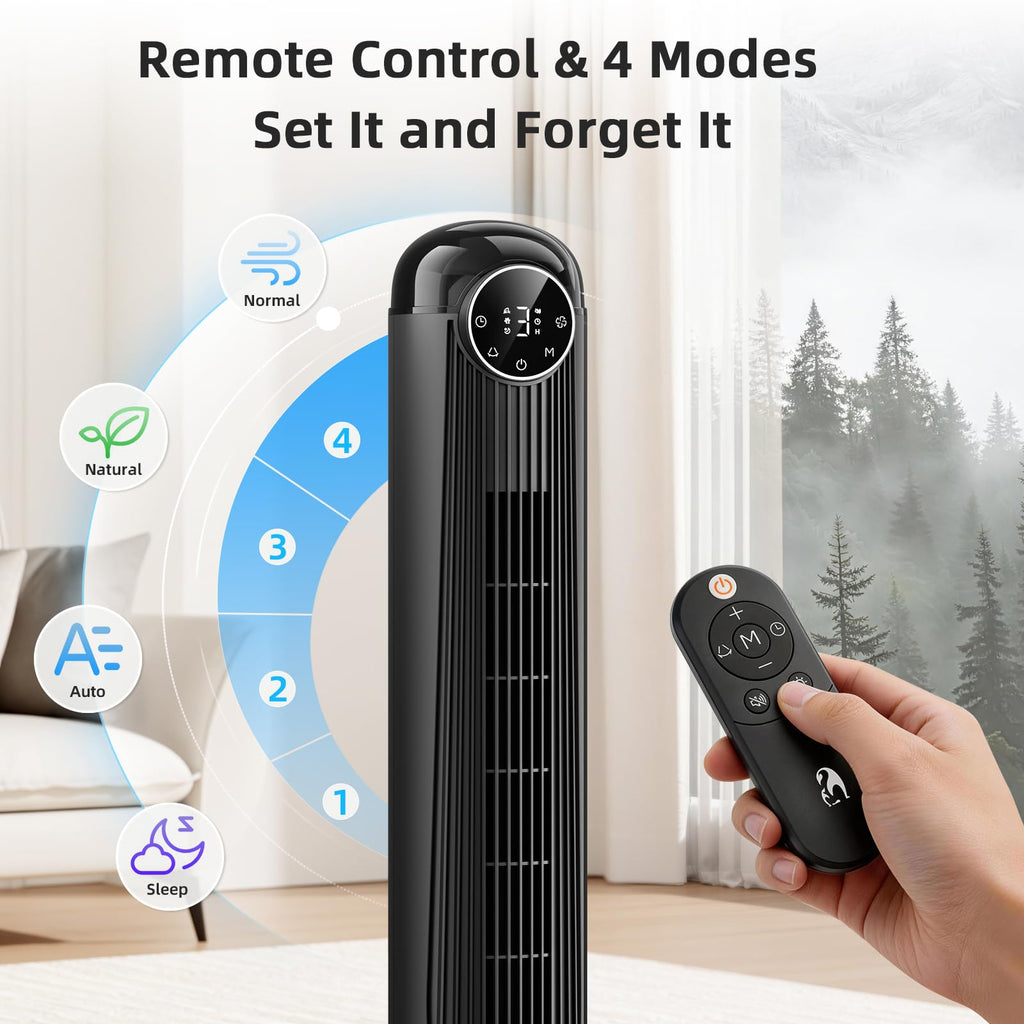 T42 Tower Fan, 42 Inch DC Brushless Motor Bladeless Oscillating Fan with Remote, 6 Speeds & 4 Modes,LED Display, 9H