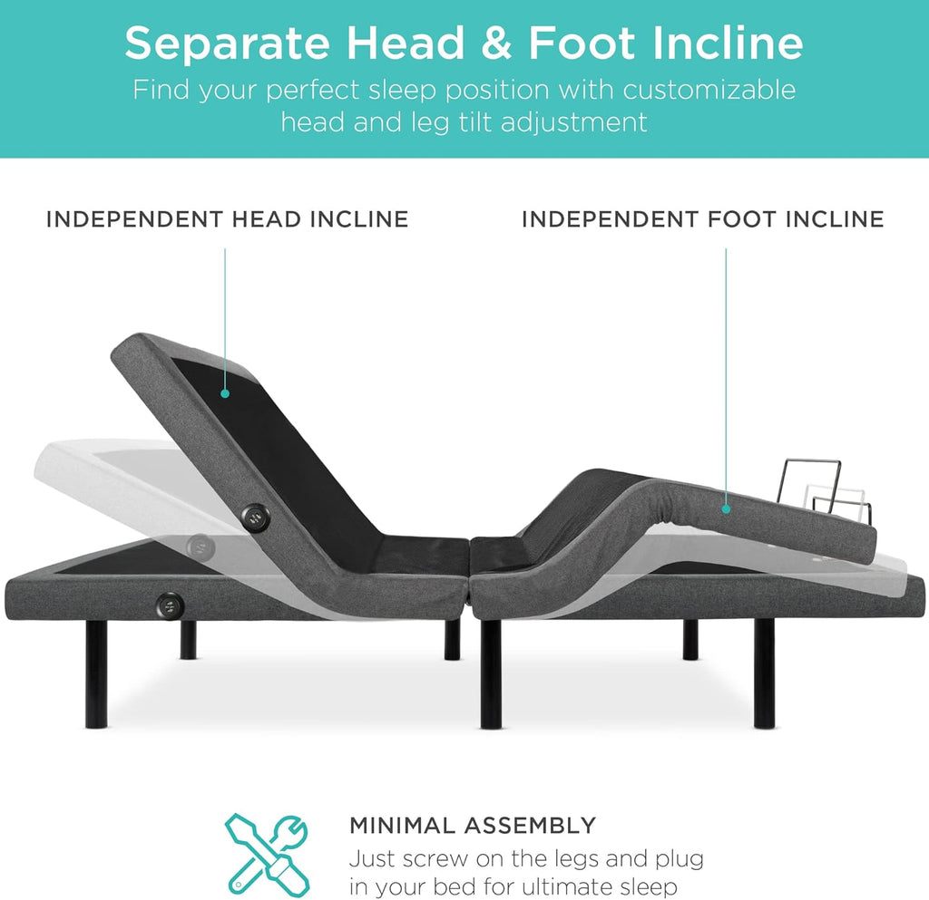 Ergonomic Queen Size Adjustable Bed Frame, Electric Base w/Wireless Remote Control, Nightlight, Massager, 2 USB Ports