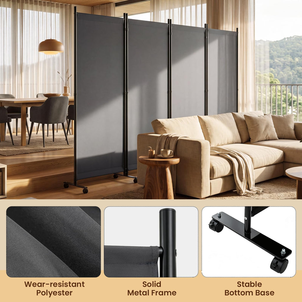 4-Panel Folding Room Divider with Wheels, 137'' x 71'', Gray
