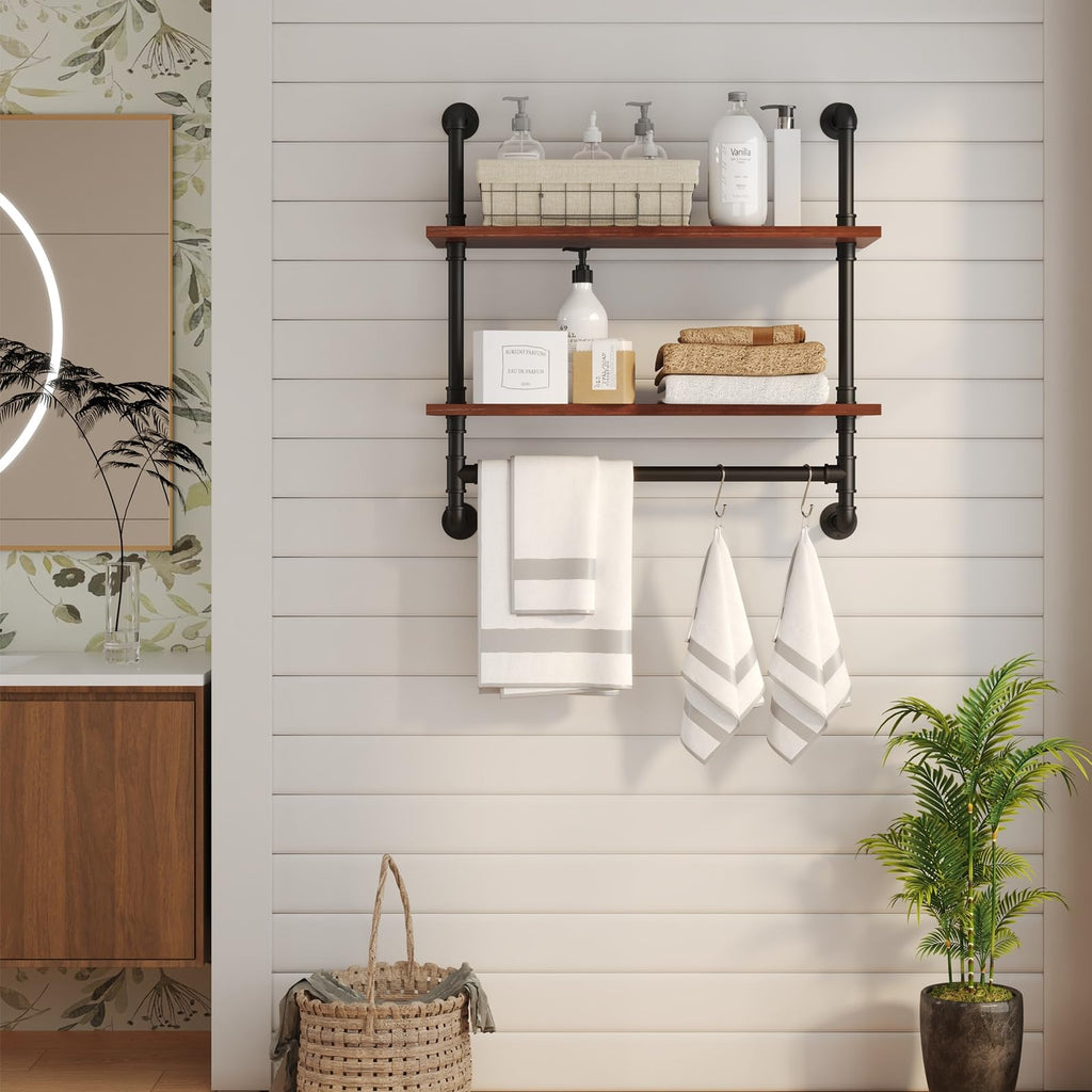 Industrial Pipe Shelving Wall Mounted, Pipe Shelves with Planks(2 Tier 24In)