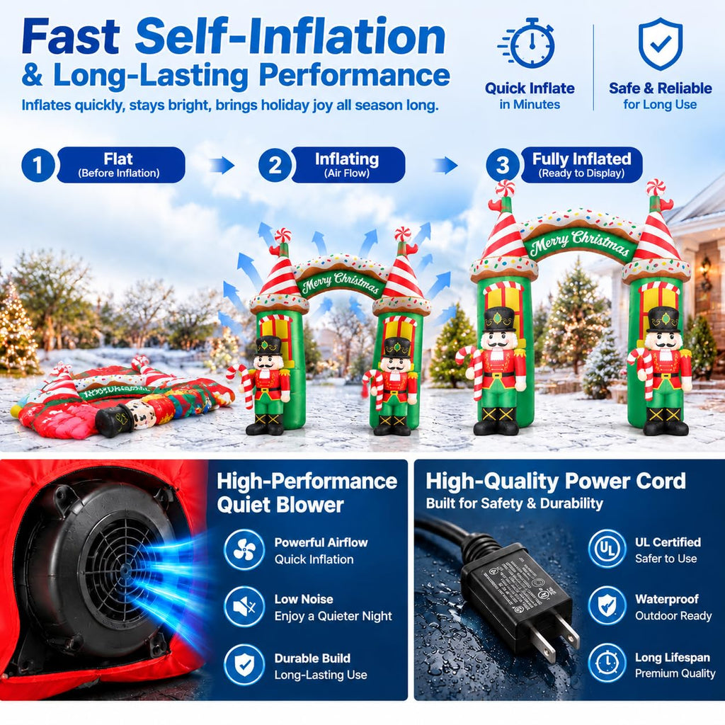 10 FT Christmas Inflatables Decorations, Outdoor Nutcracker Arch Giant Blow Up with Built-in LED Lights for Yard
