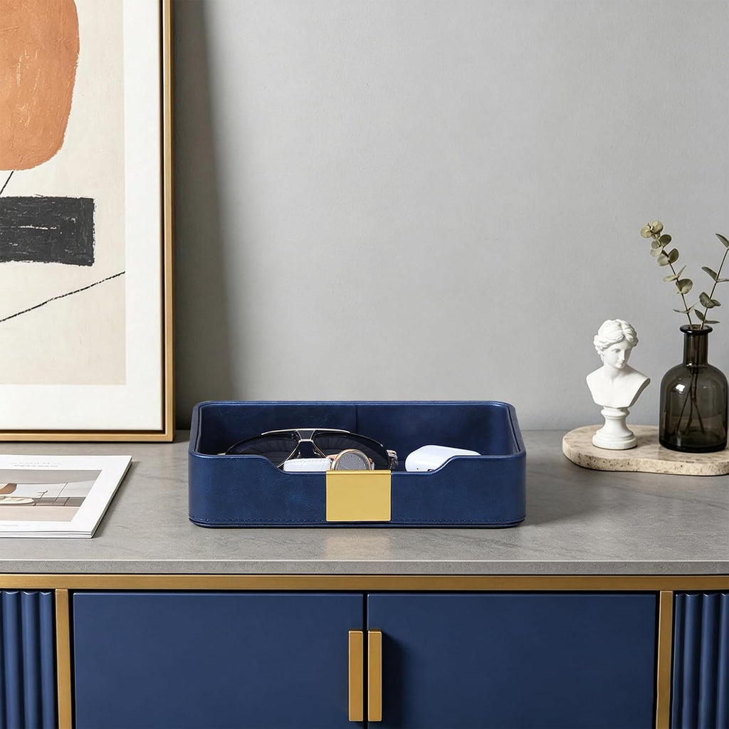 PU Leather Valet Tray, Nightstand Organizer, Catchall Tray, Blue